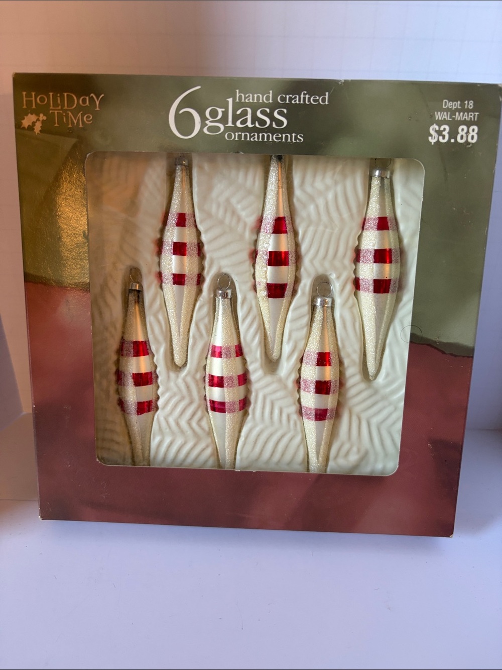 VTG Holiday Time Hand Crafted Glass Teardrop Ornaments Red & White Stripes SIX